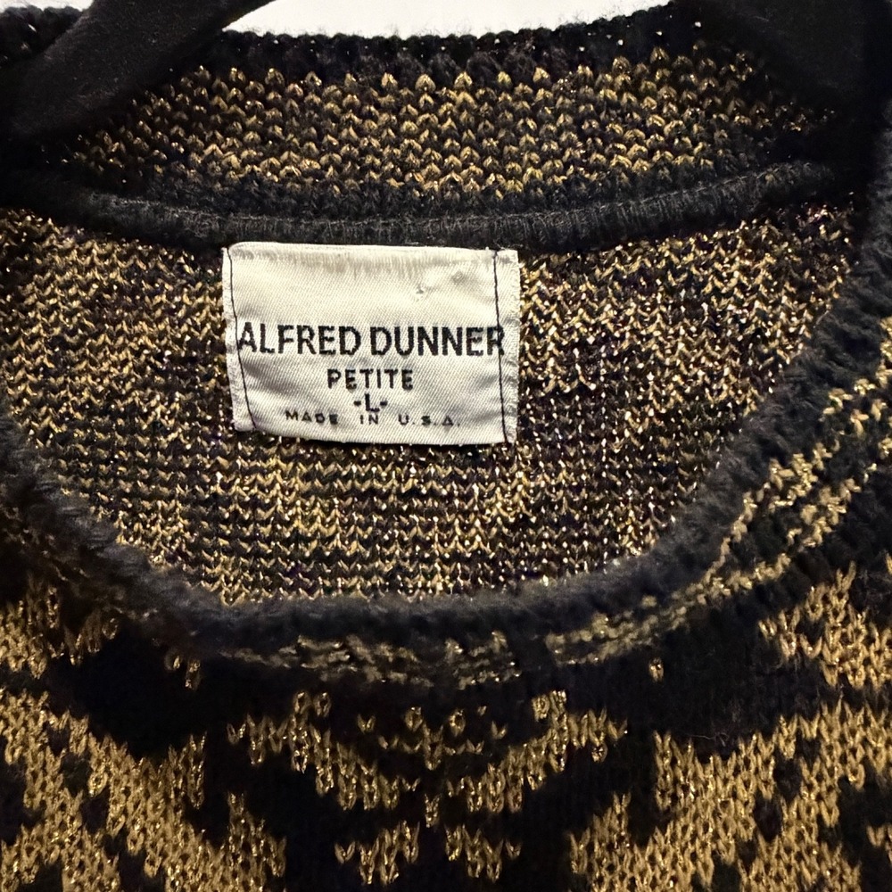 Vtg Alfred Dunner Holiday Metallic Knit‎ Sweater Black Gold L Petite USA Made